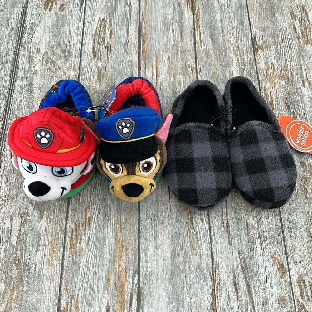 Baby Toddler Boy Plaid & Aline Paw Patrol Plush Slippers Shoes 2-Pack Size 7-8